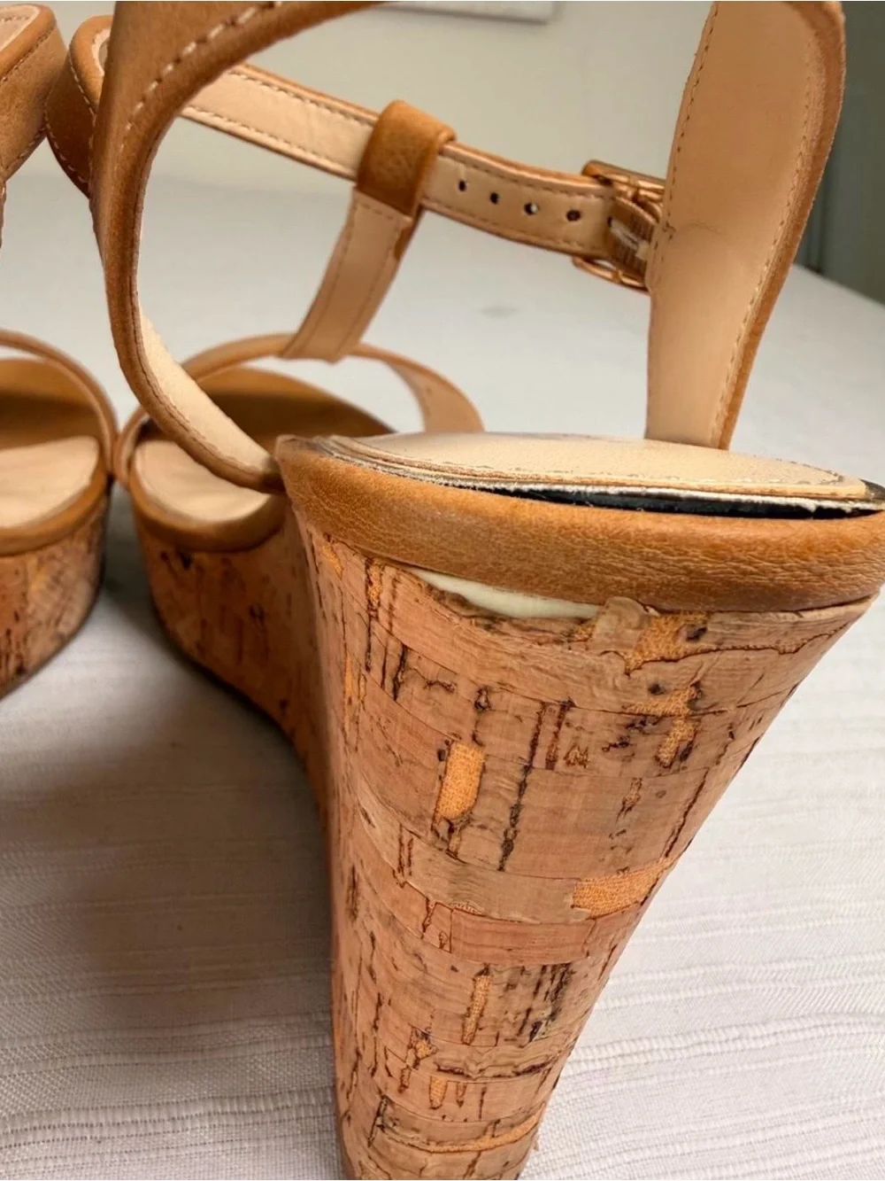 Michael Shannon Tan Cork Wedge T-Strap Sandals